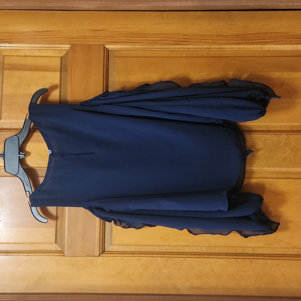 INC Macy's Navy Blue Ruffle Front Cold Shoulder Blouse, Size XS, EUC - Picture 2 of 5
